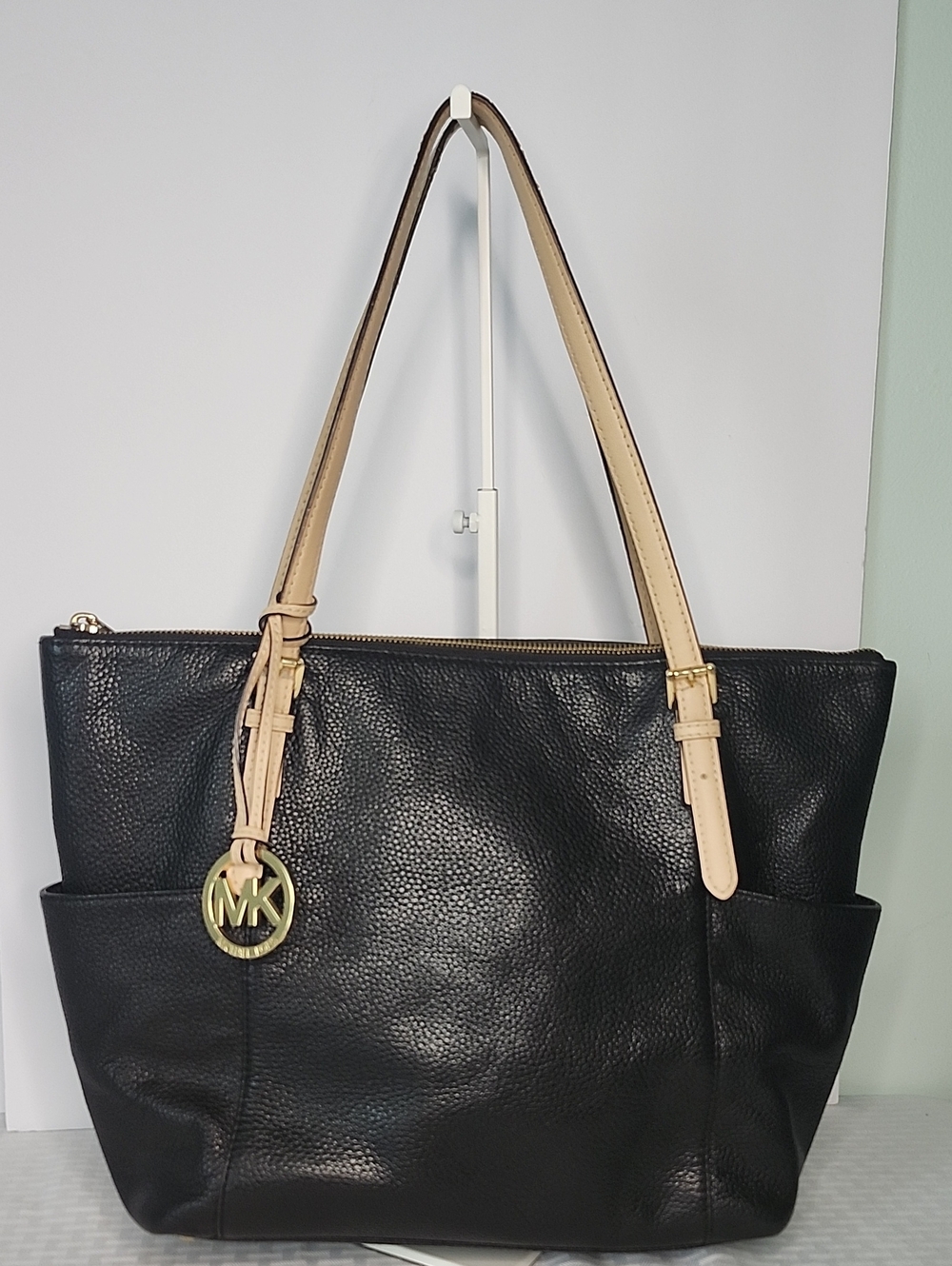 Michael Kors Black Leather Tote Tan Straps